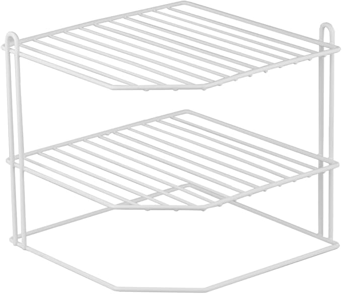 Home Basics Corner Rack, White, Vinyl Coated Steel, Rust Resistant, 2-Tier Shelf, Keeps Spices and Cups Organized, 9x9x8.5in