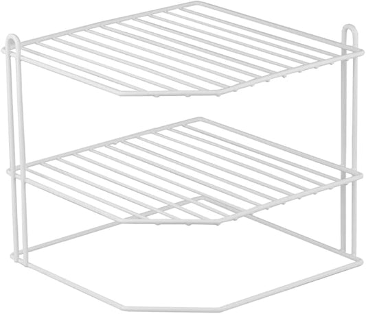 Home Basics Corner Rack, White, Vinyl Coated Steel, Rust Resistant, 2-Tier Shelf, Keeps Spices and Cups Organized, 9x9x8.5in
