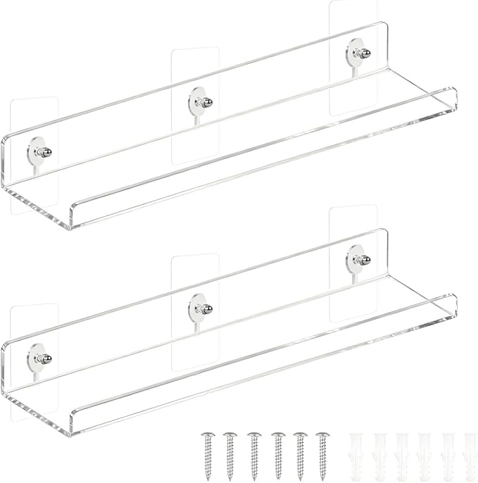 Consss 2 Pack No Drill Floating Shelves for Wall，11.8'' x 3.6'' Clear Acrylic Display Shelf for Living Room,Gaming Room, Office, Bathroom, Bedroom, Kitchen, Invisible Wall Organizers