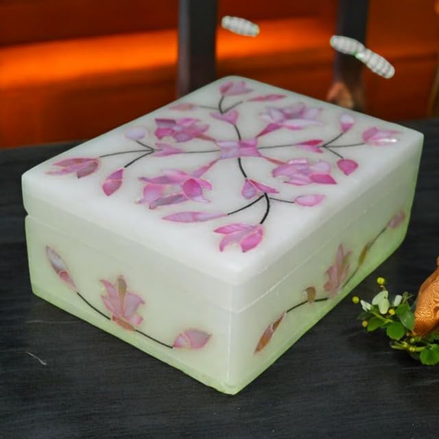 Marble Inlay Jewelry Box 4x3inch Floral Mother of Pearl Inlay Handmade Makeup Organizer Trinket Box - Alabaster Shiny Decorative Marble Ring Box Inlay Art Unique Art Great Birthday Gift, Women Gift
