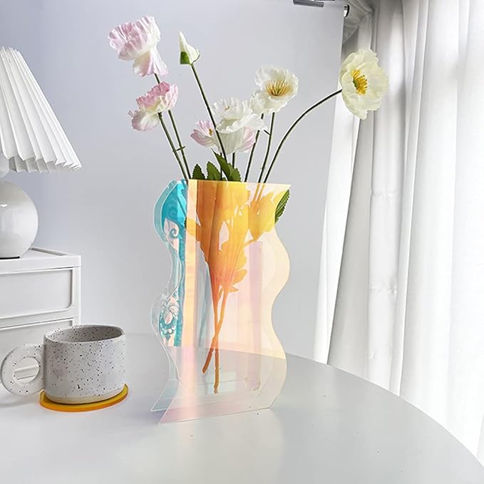 Smartmak Iridescent Acrylic Vase, Rainbow Colored Clear Modern Design Vases Home Décor, Colorful Wedding Decorations, for Artificial Flower, Office, Tabletop, Make Up Brushes Organizer Holder- L