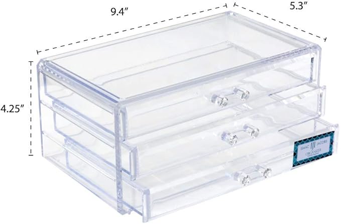 Isaac Jacobs Clear Acrylic 3-Drawer Stackable Jewelry Organizer, Cosmetic & Makeup Case with 3-Drawer Trays, Made for Bedroom, Bathroom, Countertop & Dresser