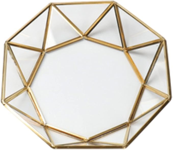 Octagonal Disc Vintage Gold Mirror Glass Vanity Tray,Ornate Geometric and Brass Plated Display Storage Organizer for Makeup Brushes/Lipstick/Skincare/Perfumes/Beauty Room/Bathroom Accessories