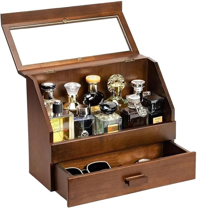 Miratino Cologne Organizer for Men - Dustproof Stand with Drawer, Wood Perfume Stand Organizer for Dresser, Large Capacity Cologne Holder Display, Great Gift for Men