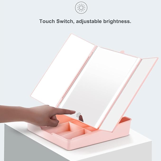Makeup Mirror Vanity Mirror - Trifold Lighted Makeup Mirror, Makeup Mirror with Organizer and Lights, Makeup Mirror with Tray, Travel Mirror, Lighted Makeup Mirror, LED Mirror,White