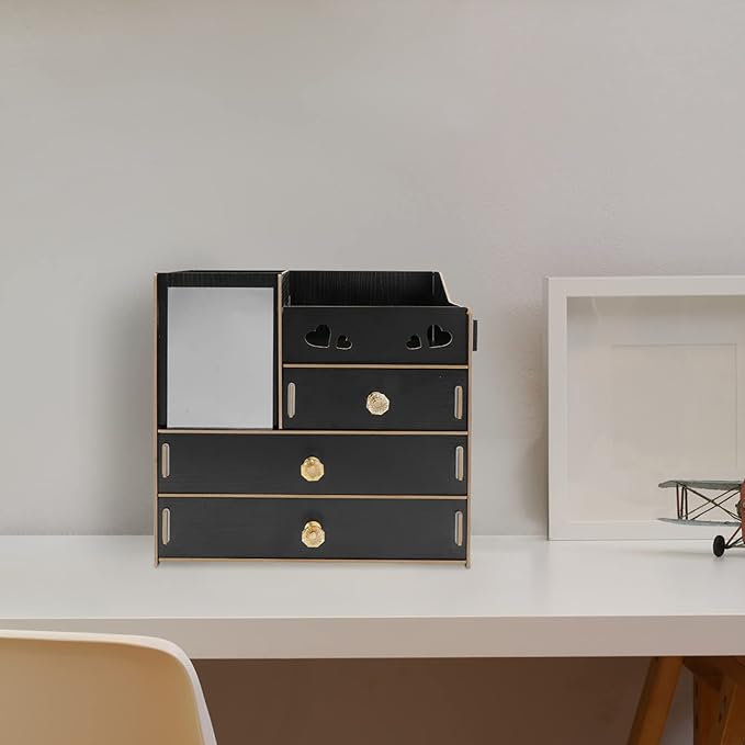 Cabilock Wooden Desk Cosmetic Organizer Rustic Makeup Storage Box with Drawer Mirror Countertop Makeup Case for Stationery Office Bathroom Dressing Table Black