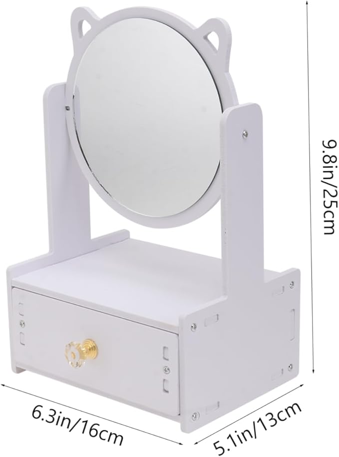 Desktop Makeup Mirror with Storage Drawer Cat Ears Design for Home and Office Use Durable Material Stylish Vanity Organizer for Cosmetics and Accessories