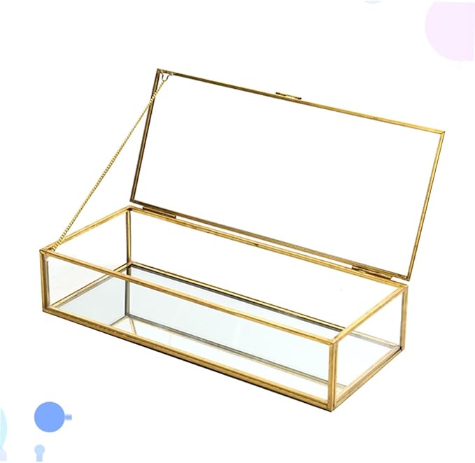 POPETPOP Vintage Golden-edged Glass Jewelry Box Organizer with Geometric Design, Wedding Jewelry Storage Holder for Desktop Display and Makeup Accessories