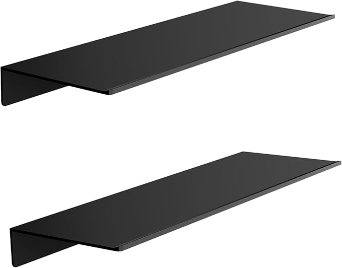 HNVNER Black Metal Wall Shelves, 15.7" (W), No Drilling, Adhesive Floating Wall Shelf for Living Room, Bedroom, Bathroom, Aluminium Shower Caddy (2 PCS)