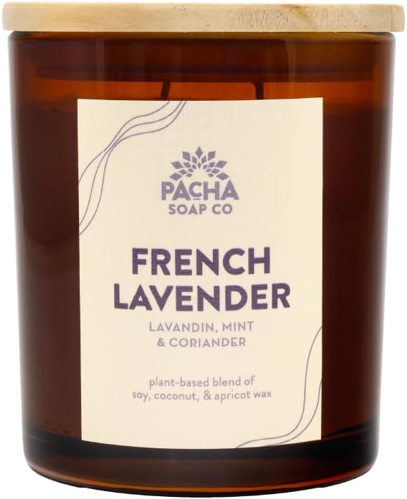 Pacha Soap Co. French Lavender Candle - Lavandin, Mint, and Coriander Scented, Soy, Coconut & Apricot Wax Blend, Cotton Wick, 40+ Hour Burn Time, Long-Lasting, Recyclable, Made in The USA, 7 oz