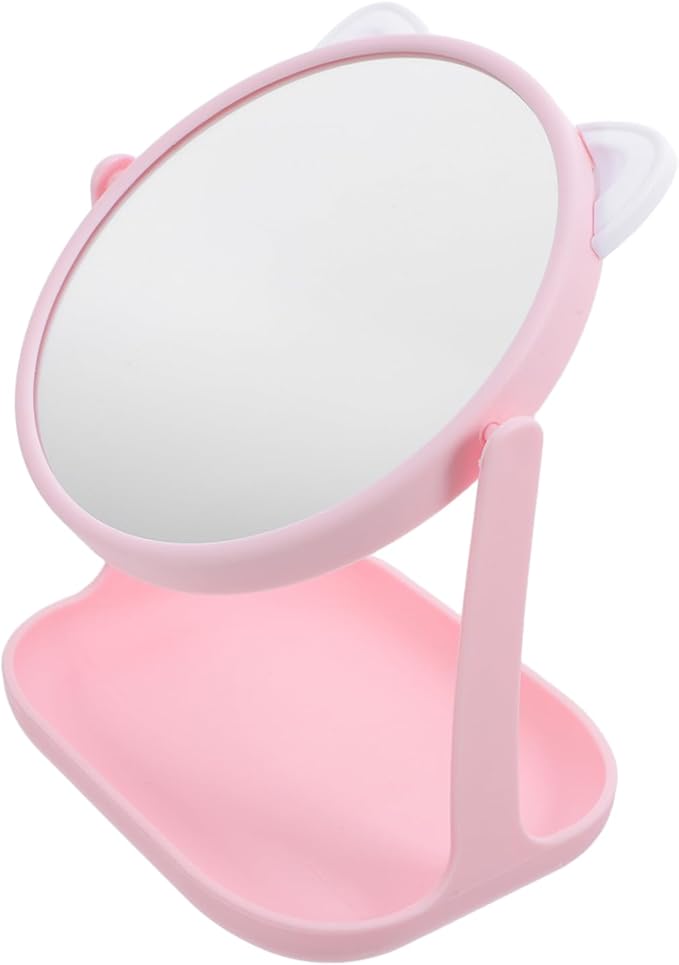 Cat Ear Makeup Mirror Storage Tray Rotatable HD Desktop Cosmetic Mirror for Girls Multifunctional Makeup Organizer for Vanity