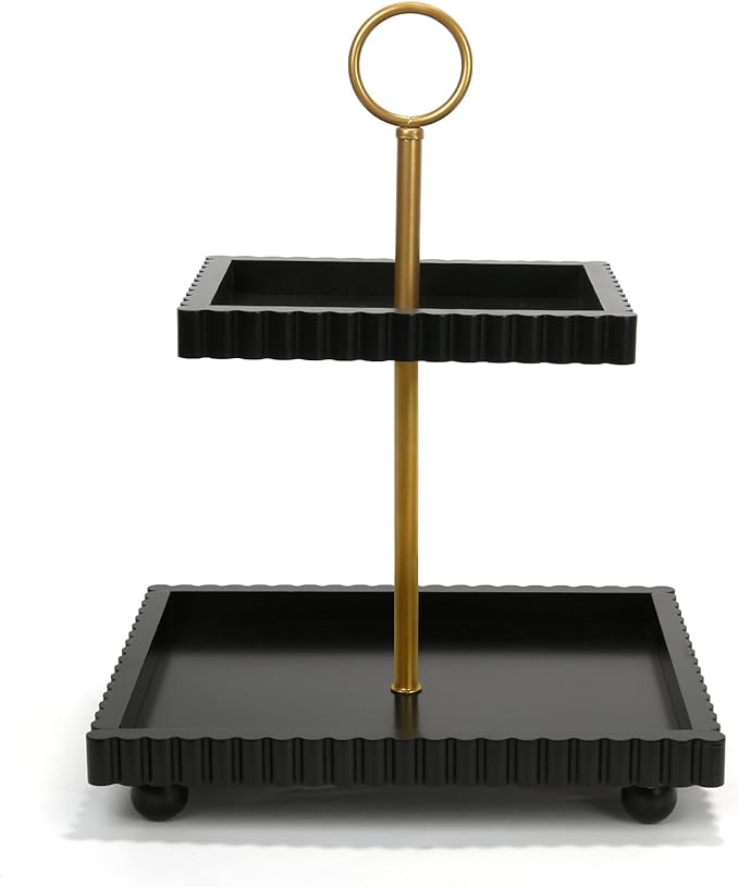 Wooden Two Tiered Tray Stand for Decor, Modern 2 Tier Black Rectangular Decorative Tray with Gold Handle Farmhouse Countertop Serving Display Stand for Home Kitchen Coffee Bar Table Centerpiece