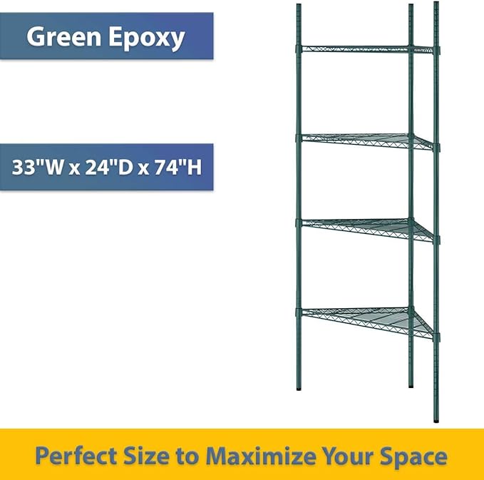 33" W x 24" D x 74" H NSF Green Triangle Heavy Duty Corner Shelving Kit, 4-Shelf Adjustable Wire Rack