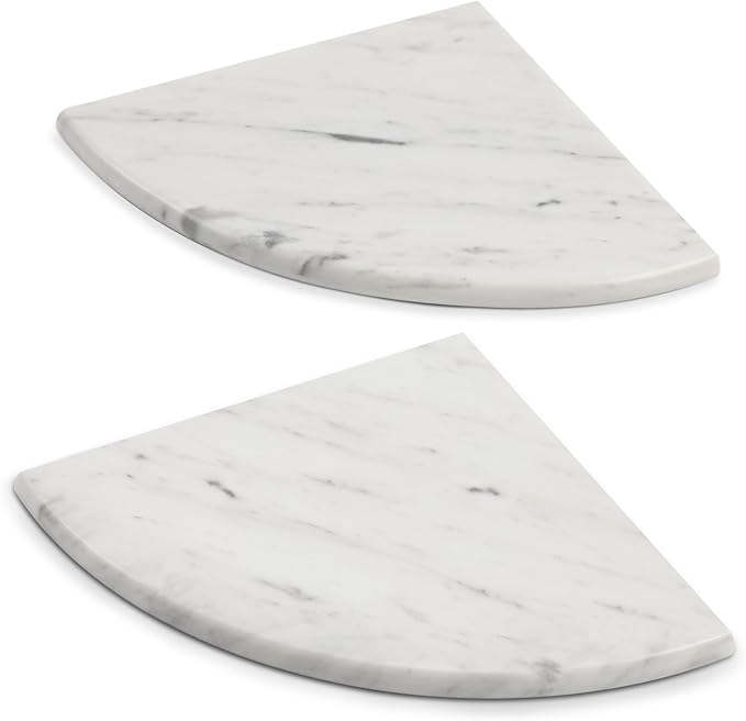 Lovdeco 2 Pcs Carrara Marble Corner Shower Shelf, Polished 9" Round Edge Corner Shelves for Bathroom, Shower, 2 Piece