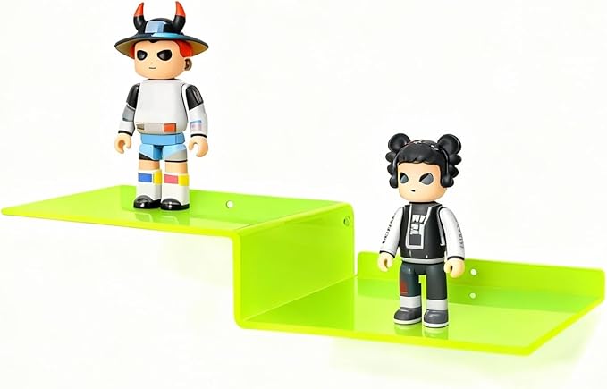 SetGame 2-Pack Acrylic Shelves Z-Shaped Display Stand Wall Mounted, 12 Inch Wall Storage Organizer for Toys, Books, Plants, Photos Album, Suit for Office, Living Room, Room Decor (Neon Green)