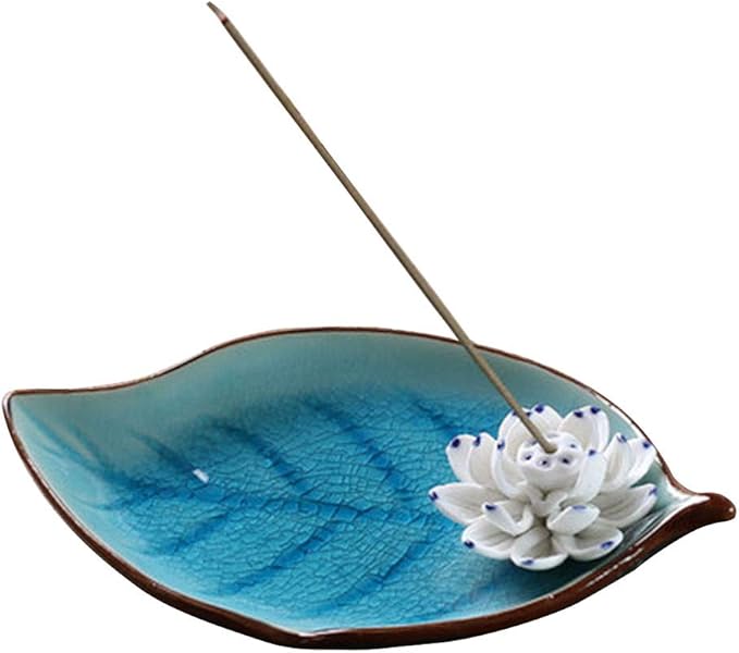 Incense Holder for Sticks, Ceramic Incense Ash Catcher Tray, Leaf-Shape Tray and Lotus Sticks Holder (Sky Blue)