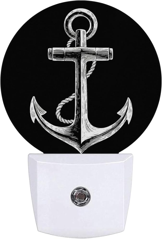 Nautical Anchor Black Night Light Plug Into Wall Auto Led Sleep Round Lamp for Living Room Hallway Stairs