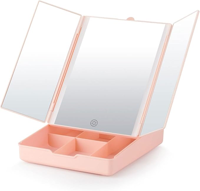 Makeup Mirror Vanity Mirror - Trifold Lighted Makeup Mirror, Makeup Mirror with Organizer and Lights, Makeup Mirror with Tray, Travel Mirror, Lighted Makeup Mirror, LED Mirror,White
