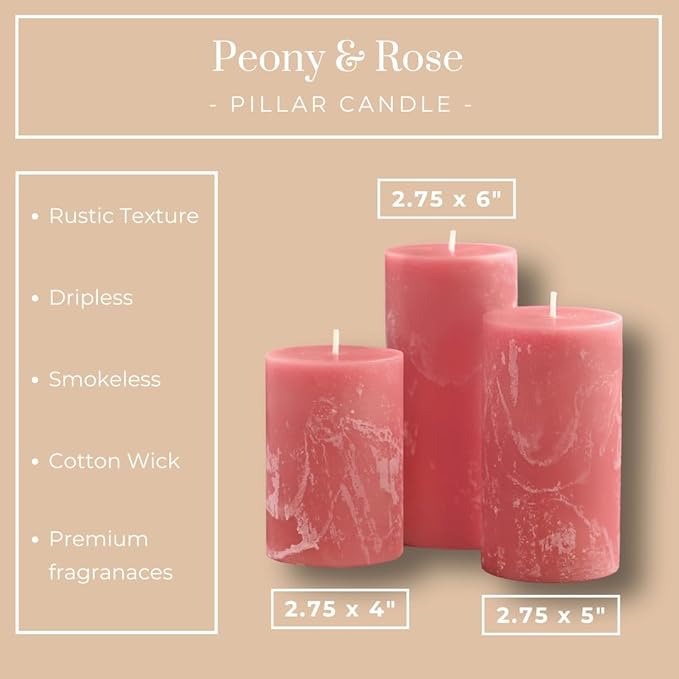 Pink Scented Pillar Candles Set of 3, 3x4, 3x5, 3x6 Pink Candles, Peony Rose Pilar Scented Candle, Ideal as Wedding, Parties, Spa, Dinner, Home Decor, Church