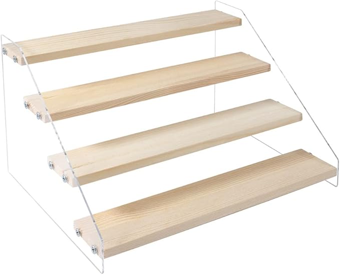 4 Tier Acrylic Display Stand for Figures Wooden Risers for Display Case Craft Fair Acrylic Cupcake Stand for Dessert Table Top Jewelry Displays for Craft Shows Cologne Perfume Shelf (SMALL)