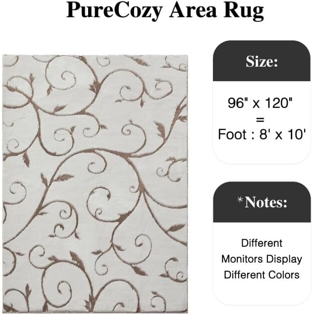 PureCozy Washable Neutral Area Rug 8x10 Beige Soft Shag Rugs for Living Room Modern Boho High Pile Non-Shedding Throw Rugs Non Slip Indoor Office Carpet for Playroom Bedroom Home Aesthetic Decor