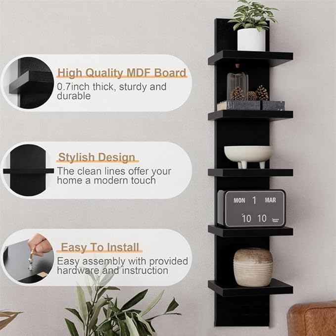 5 Tier White Wall Shelves - Vertical Column Floating Storage Organizer, Tall Tower Design Utility Shelving for Home Decor, Bedroom & Living Room, 30.7" x 31"(Black)