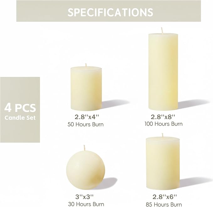 Ivory Rustic Textured Pillar Candles Set - 4 Pcs Assorted Sizes Unscented Pillar Candle, Decorative Farmhouse Candles for Home Centerpiece Decor, Holiday Dinner Table, Dripless & Smokeless