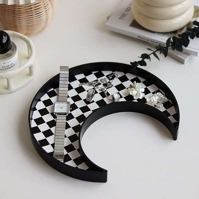 Ciandid Checkered Moon Shape Jewelry Tray - Decorative Organizer for Dresser, Makeup, Perfume - Vanity Tray for Bathroom, Coffee Table, Ottoman