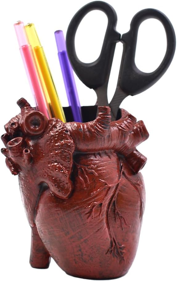 Small Human Heart Organ Shape Pen Holder Home Office Desk Storage Resin Decor, Makeup Brush Holder, 4.1" x 3.5", Red