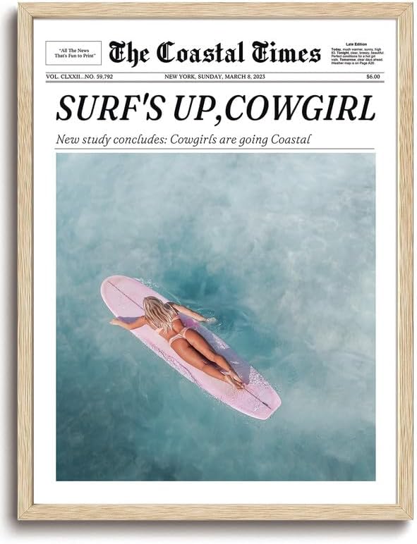 Bwodke OAK Wood Framed Wall Art Coastal Trendy Cowgirl Canvas Art Vintage Newspaper Pictures Wall Decor Surfer Up Vintage Bar Cart Prints Trendy Artwork for Girly Dorm Bedroom 8"x10"