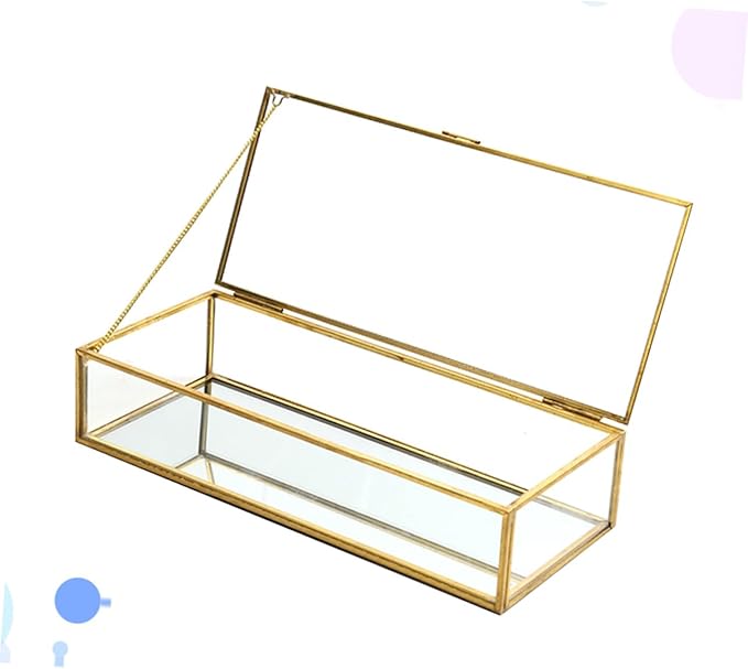 Uonlytech Vintage Geometric Glass Jewelry Storage Box with Golden Trim Desktop Organizer for Earrings Rings Necklaces Elegant Display Case for Wedding Favors and Makeup Storage