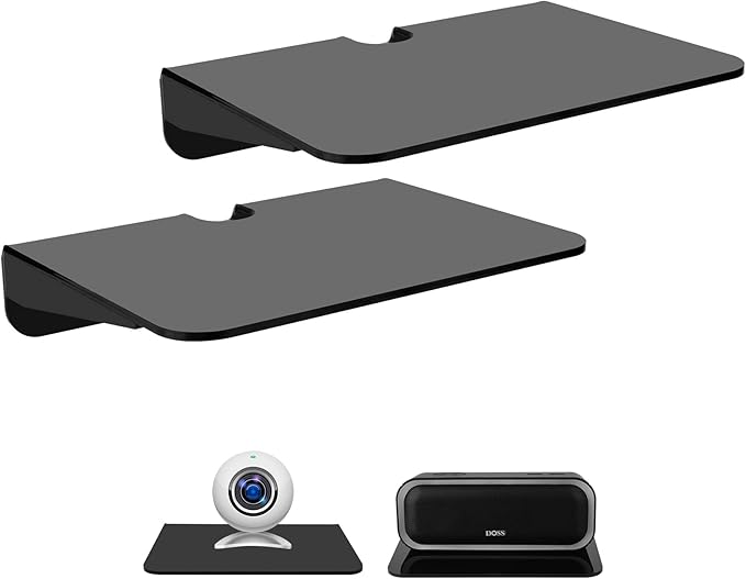 TXEsign Acrylic Floating Shelves Wall Mount Shelf 2 Pack Acrylic Speaker Shelves Adhesive Floating Shelf Organizer Holder for Bathroom Decor, Bedroom, Living Room and Kitchen (Black)