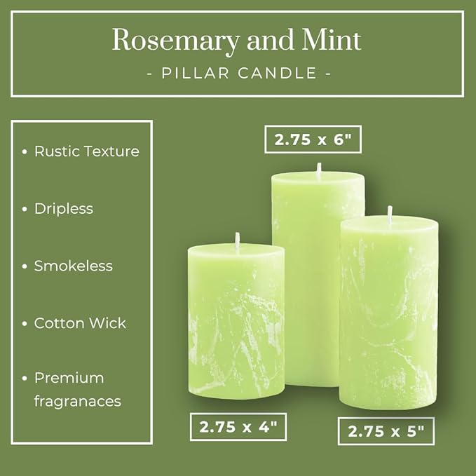 Rosemary Mint Assorted Pillar Candles Assorted 3 Pack Scented Aromatherapy Pillars for Home Décor, Spa, Relaxation & Meditation