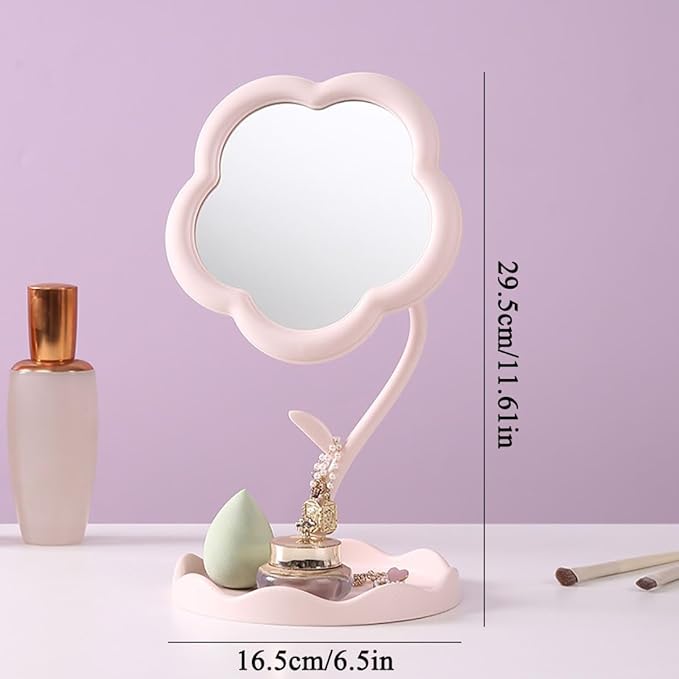 Flower Shape Mirror, Cute Daisy Floral Tabletop Vanity Mirror with Tray, Pink Aesthetic Kawaii Decorative Desk Makeup Organizer, Retro Boho Pastel Room Décor, Pink Color, Set of 1