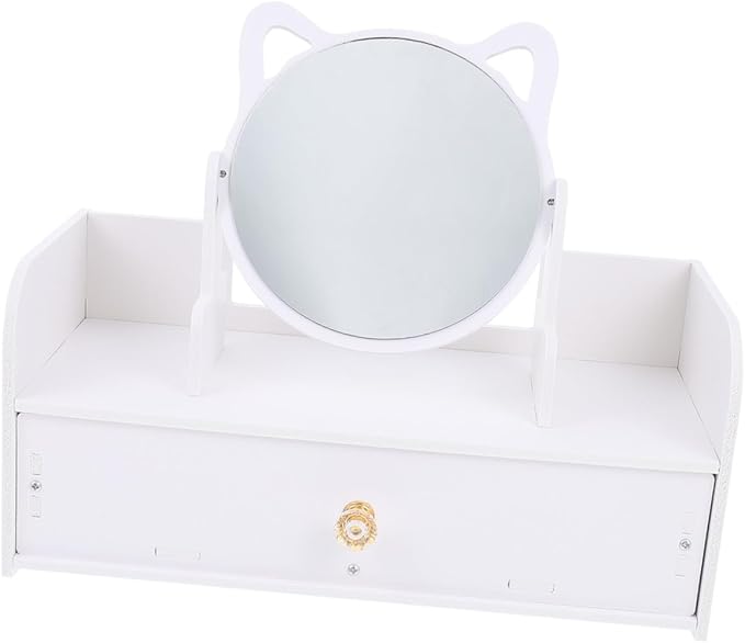 Makeup Vanity Mirror with Storage Case, Large Desktop Standing Mirror with Single Drawer, Round Cosmetic Organizer for Women’s Tabletop Dressing Table