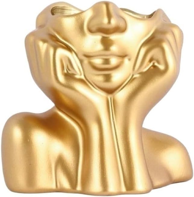 Face Vase – Small Human Body Art Vase in Resin,Women’s Head Shape for Flowers, Makeup Organizer & Desk Decor (Gold)
