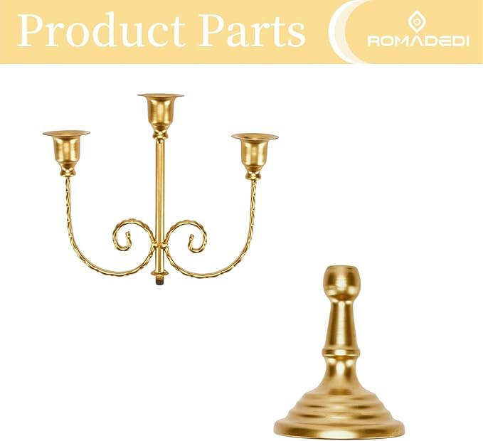 Romadedi Candelabra Gold Candle Holders - 3 Arm 11.8" Wedding Candlestick Holder for Theme Party Table Centerpiece Decor Dining Room Birthday Holiday Christmas, Set of 2