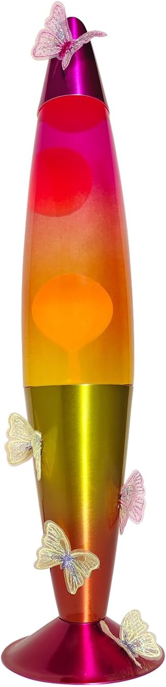 16 Inch Rainbow Motion Lamp with Butterfly Embroidery, 2 Bulbs, Mood Lighting Butterfly Lamp, Relaxing Night Light for Adults, Teens and Kids, Room Decor, Present, Purple Orange Yellow