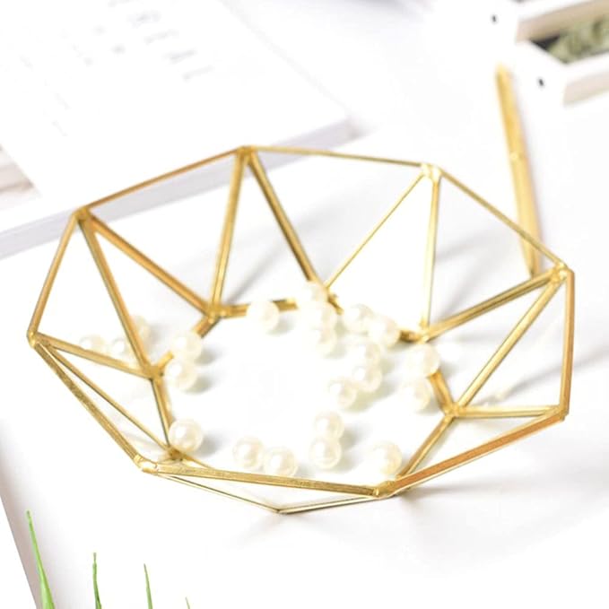 Octagonal Disc Vintage Gold Mirror Glass Vanity Tray,Ornate Geometric and Brass Plated Display Storage Organizer for Makeup Brushes/Lipstick/Skincare/Perfumes/Beauty Room/Bathroom Accessories