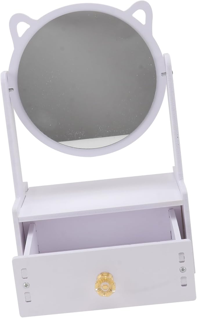 Desktop Makeup Mirror with Storage Drawer Cat Ears Design for Home and Office Use Durable Material Stylish Vanity Organizer for Cosmetics and Accessories