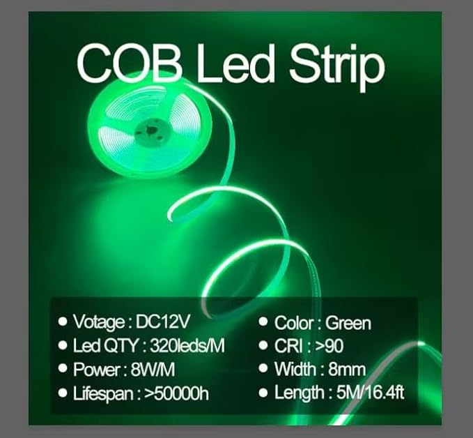 HAMRVL COB LED Strip Lights Green,DC12V 16.4ft/5M 320leds/M CRI90 Flexible LED Tape Lights 8mm, for Indoor Home Cabinet, Bedroom, Kitchen, Stage, Backlight DIY Lighting (Without Power Supply)