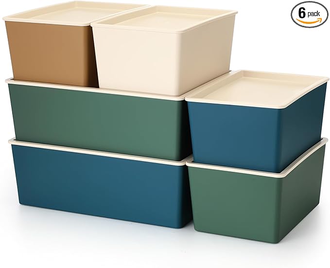 Menkxi 6 Pcs Large and Small Plastic Storage Bins with Lids 14.4 x 10.4 x 5.1 Inch Stackable Storage Containers Decorative Cubby Organizer for Clothes Shelves Garage Closet Office (Neutral color)