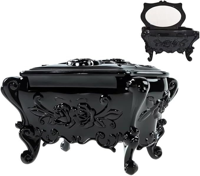 Gothic Jewelry Box With Mirror Decorative Black Rose Flower Jewelry Case, Small Jewelry Organizer for Earrings Rings Necklaces Bracelets, 6.3 Inch Retro Multifunctional Storage Box Make Up Organizer