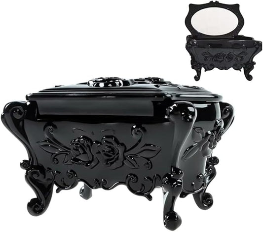 Gothic Jewelry Box With Mirror Decorative Black Rose Flower Jewelry Case, Small Jewelry Organizer for Earrings Rings Necklaces Bracelets, 6.3 Inch Retro Multifunctional Storage Box Make Up Organizer