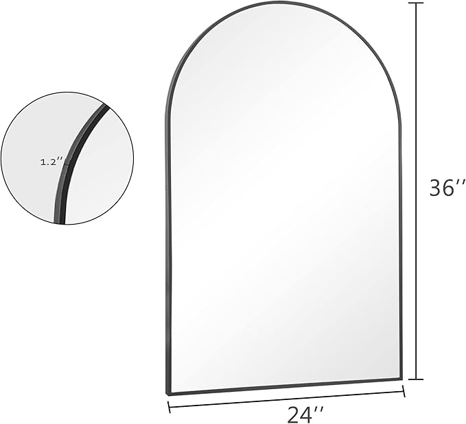 NeuType 36"x24" Arched Wall Mirror, Small Full Length Mirror Hanging or Leaning Against Wall, Dressing Mirror Make-up Mirror for Living Room, Bedroom, Bathroom, Aluminum Alloy Thin Frame, Black