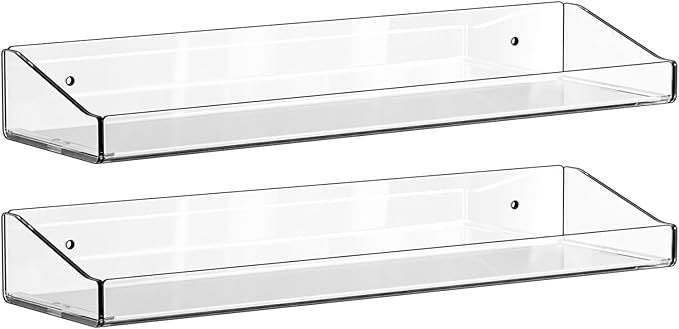 Acrylic Shelves for Bathroom Wall - No Drilling Shelf, Adhesive Wall Mounted Storage Organizer - Invisible Floating Shelves for Action Figures, Collectibles, Makeup, Perfume, Books, Room Decor (2PCS)