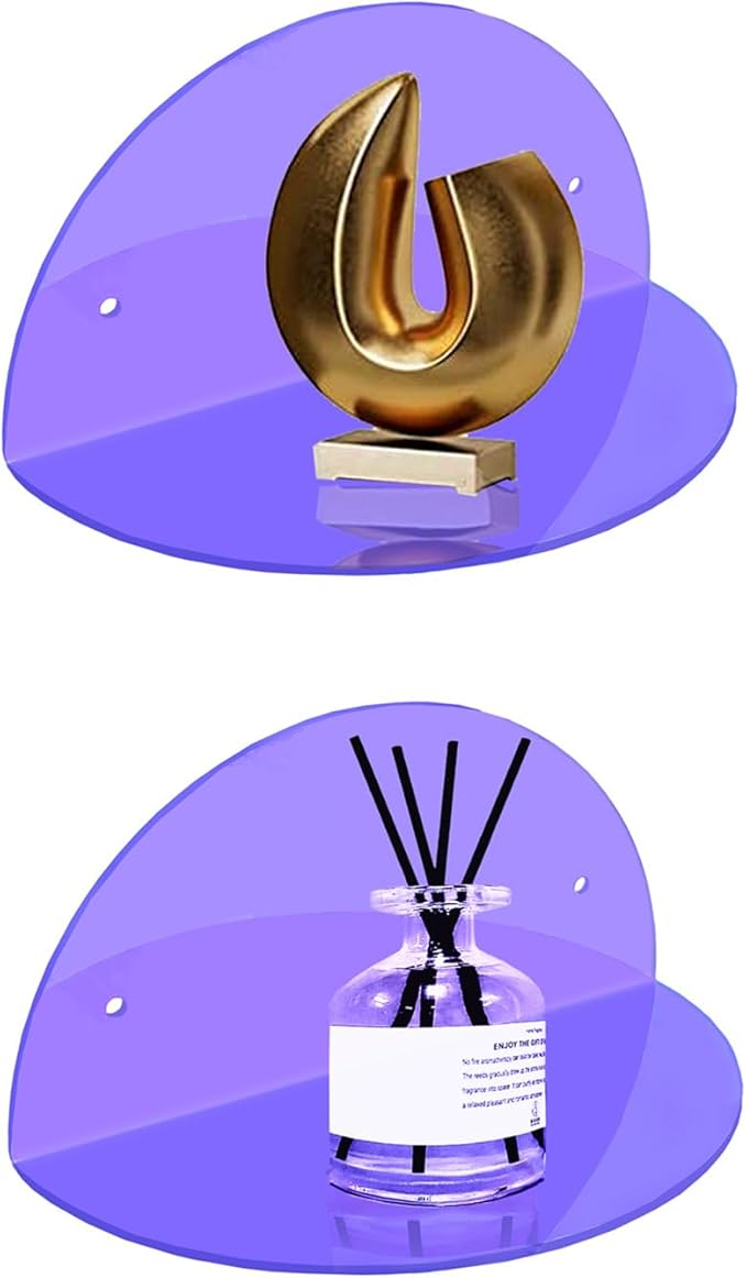 ROYALITA Small Acrylic Shelves Room Decor Floating Shelves (2-Pack, 8-inch Diameter) - Wall Mounted Display Stand for Plants, Toys, Makeup, and More - Ideal for Home and Office, Purple