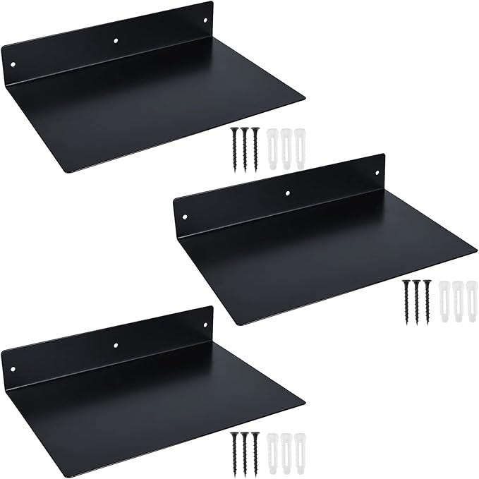 RealPlus Metal Floating Shelf Wall Mounted (12 inch x 8 inch) Heavy Duty Industrial Modern Steel Display Shelves, Black (Pack of 3)