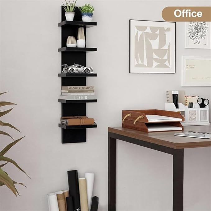 5 Tier White Wall Shelves - Vertical Column Floating Storage Organizer, Tall Tower Design Utility Shelving for Home Decor, Bedroom & Living Room, 30.7" x 31"(Black)