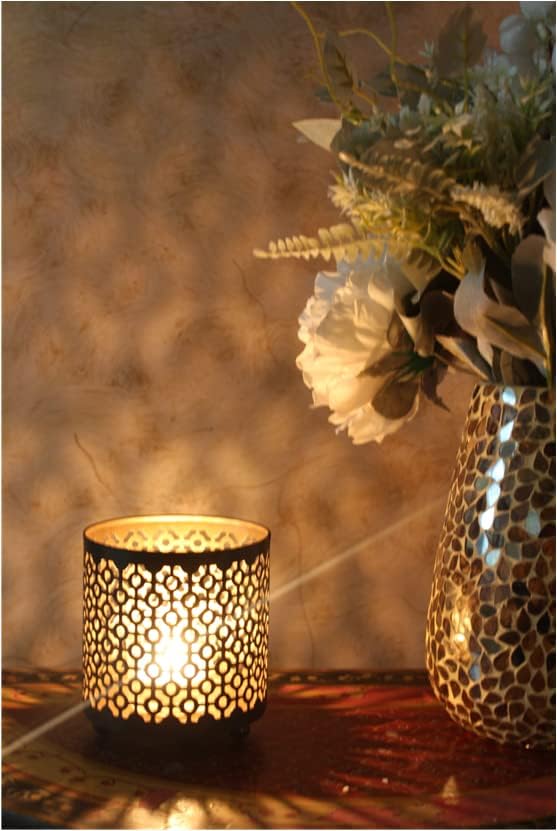 Hosley Set of 2 Black (Gold Inside) Metal Jar Holder Candle Sleeve 4.5" High. Votive, Tea Light Lanterns Ideal Gift for Weddings, Parties, Spa and Aromatherapy O6